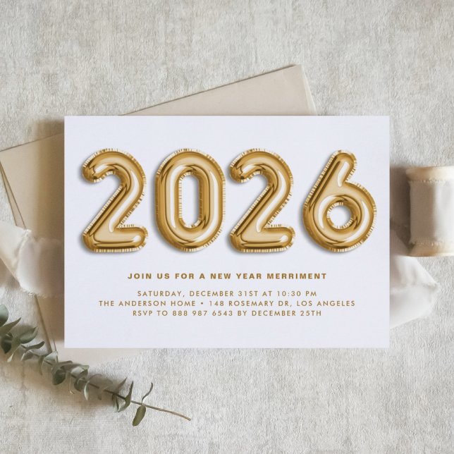 Gold Foil Balloons 2026 New Year's Eve Party Invitation (Customizable 2026 New Year party invitation featuring gold foil mylar balloons.)