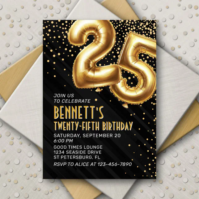 Gold Foil Balloons 25th Birthday Invitation | Zazzle