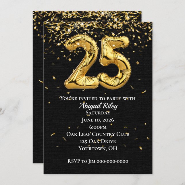 Gold Foil Balloons 25th Birthday Party Invitation (Front/Back)