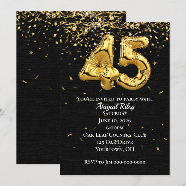 Gold Foil Balloons 45th Birthday Party Invitation (Front/Back)