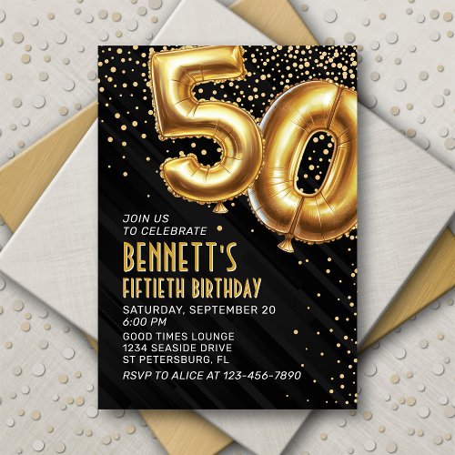 Gold Foil Balloons 50th Birthday Invitation