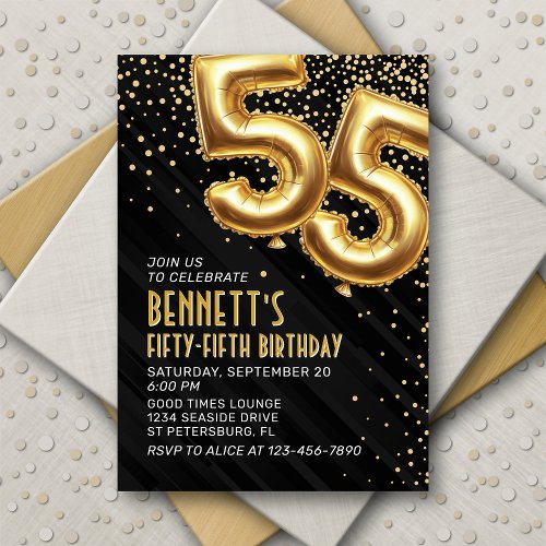 Gold Foil Balloons 55th Birthday Invitation
