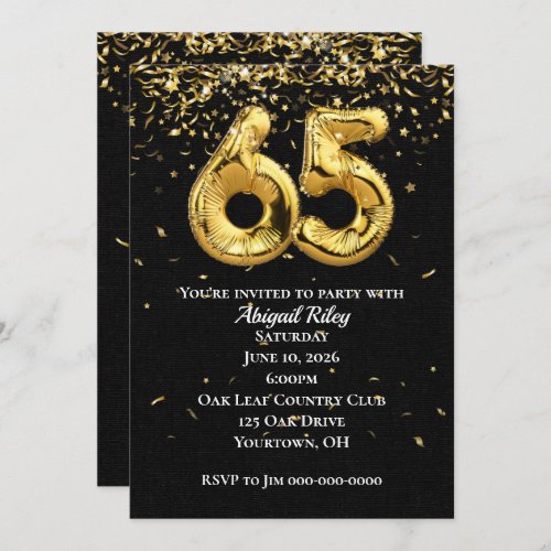 Gold Foil Balloons 65th Birthday Party Invitation