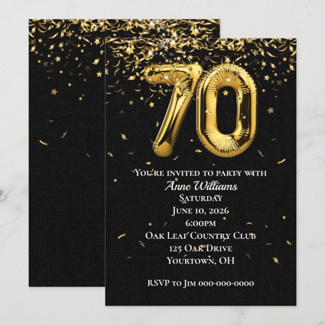 Gold Foil Balloons 70th Birthday Party Invitation (Front/Back)