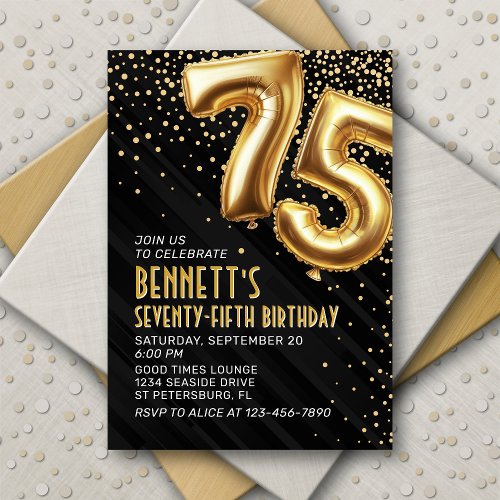 Gold Foil Balloons 75th Birthday Invitation