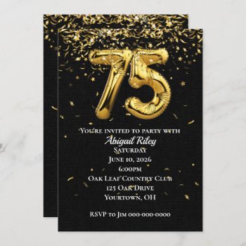 Gold Foil Balloons 75th Birthday Party Invitation by dryfhout at Zazzle