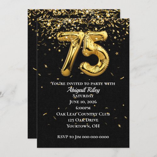 Gold Foil Balloons 75th Birthday Party Invitation