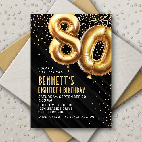 Gold Foil Balloons 80th Birthday Invitation
