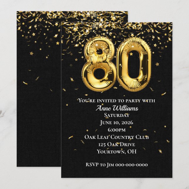 Gold Foil Balloons 80th Birthday Party Invitation (Front/Back)
