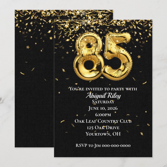 Gold Foil Balloons 85th Birthday Party Invitation (Front/Back)