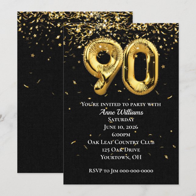 Gold Foil Balloons 90th Birthday Party Invitation (Front/Back)