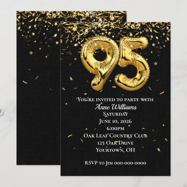 Gold Foil Balloons 95th Birthday Party Invitation (Front/Back)