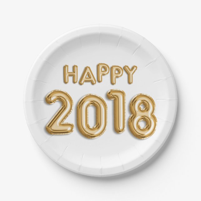 Gold Foil Balloons Happy 2018 | New Year Eve Party Paper Plates (Front)