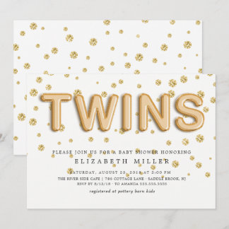 Gold Foil Balloons TWINS Baby Shower Invitation