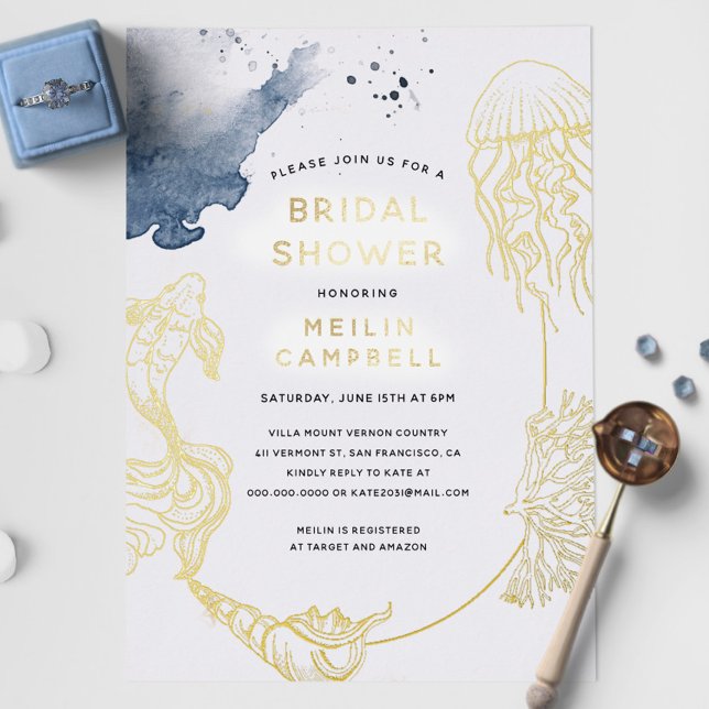 Gold Foil Beach Ocean Coastal Blue Bridal Shower Foil Invitation (Creator Uploaded)