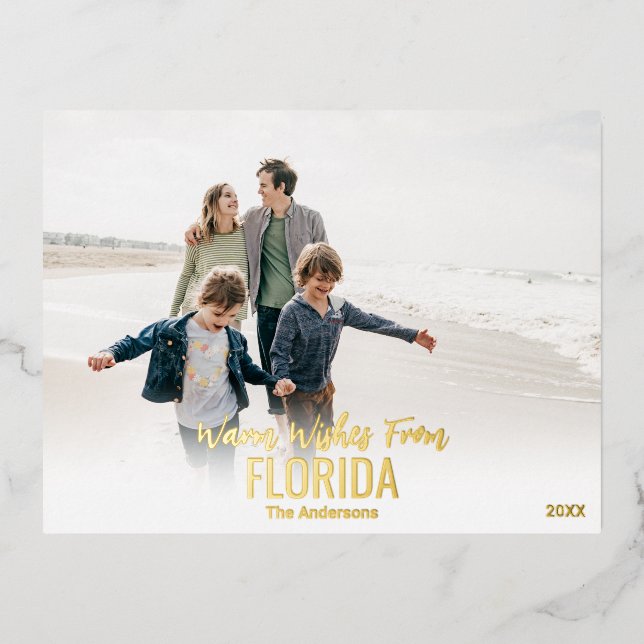 Gold Foil Beach Photo Christmas Card | Your State (Front)