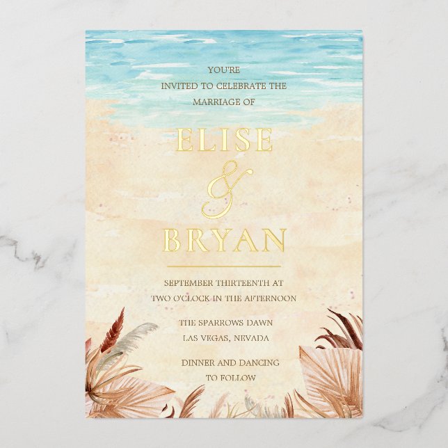 Gold Foil Beachy Boho Bohemian Beach Wedding Invitation (Front)