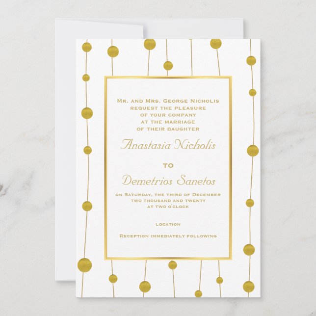 Gold foil beads and frame modern wedding invitation (Front)