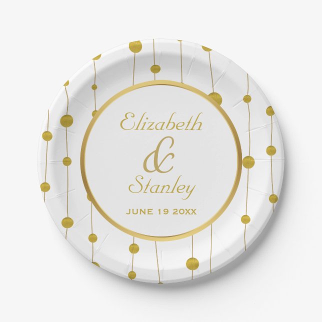 Gold foil beads and frame modern white wedding paper plates (Front)