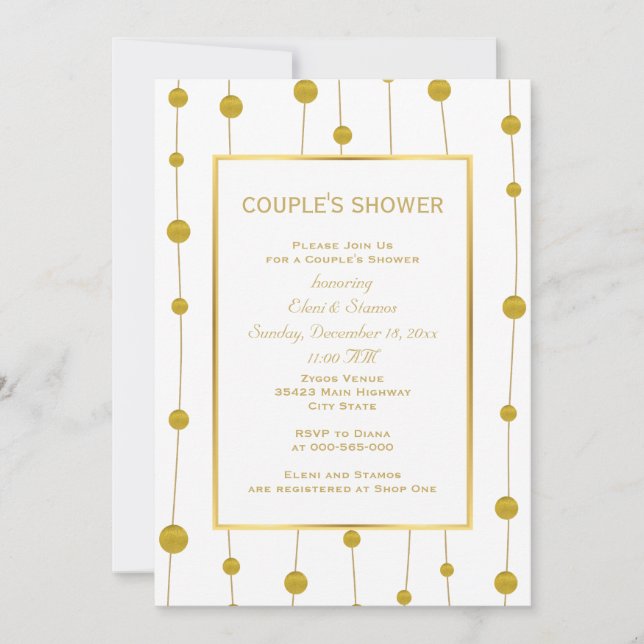 Gold foil beads modern wedding couple's shower invitation (Front)