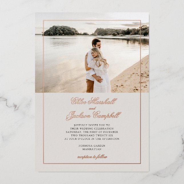 Gold Foil & Beige Minimalist Elegant Wedding Invitation (Front)