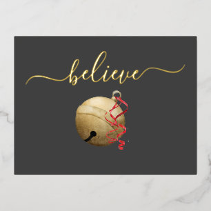 Gold Foil BELIEVE Jingle Bell Foil Holiday Postcard