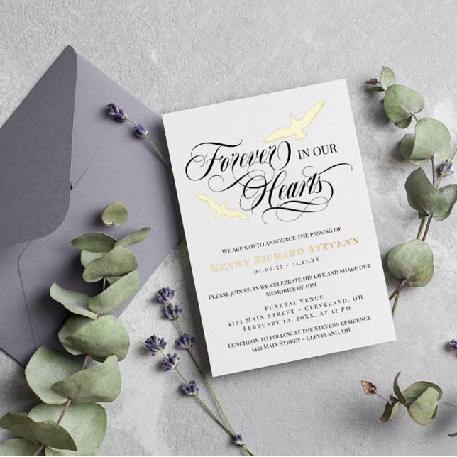 Gold Foil Birds Forever In Our Hearts Funeral Invitation (Creator Uploaded)
