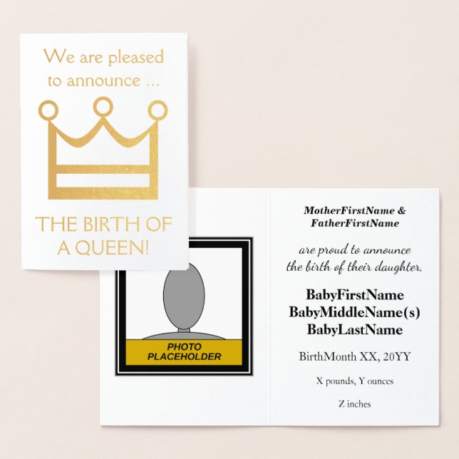 Gold Foil "BIRTH OF A QUEEN!" Baby Announcement (Display)