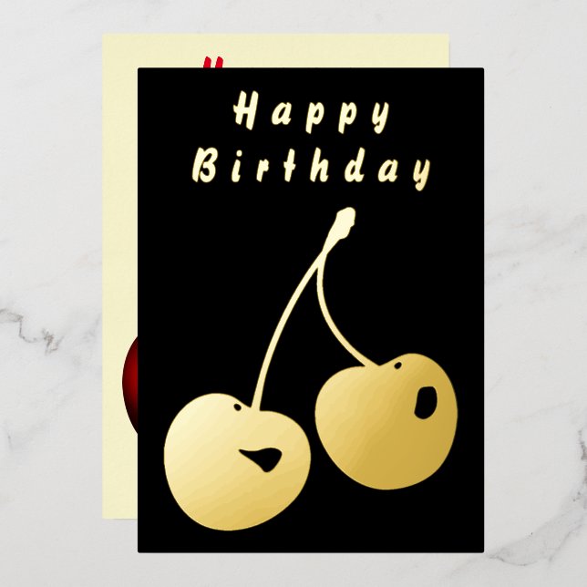 Gold Foil Birthday Card with Red and Golden Cherry (Front/Back)