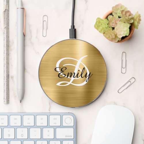 Gold Foil Black and White Modern Monogram Wireless Charger