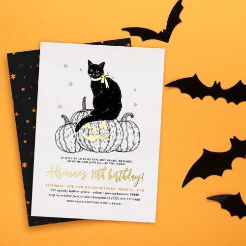 Gold Foil Black Cat Halloween Birthday Party  Foil Invitation