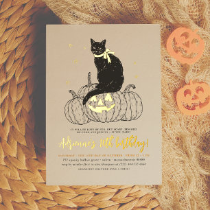 Gold Foil Black Cat Halloween Birthday Party Invitation