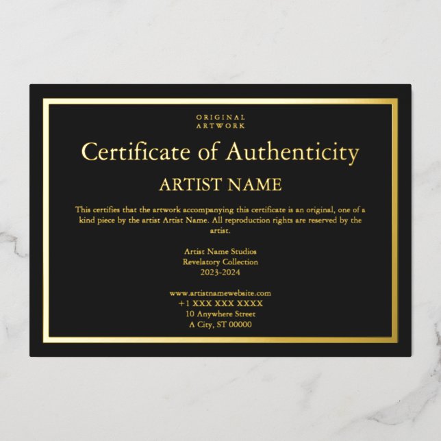 Gold Foil Black Certificate of Authenticity Art Foil Invitation (Front)
