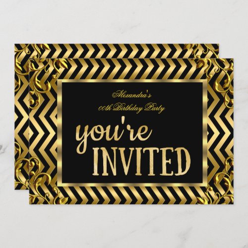 Gold Foil Black Chevron Elegant Birthday Party Invitation