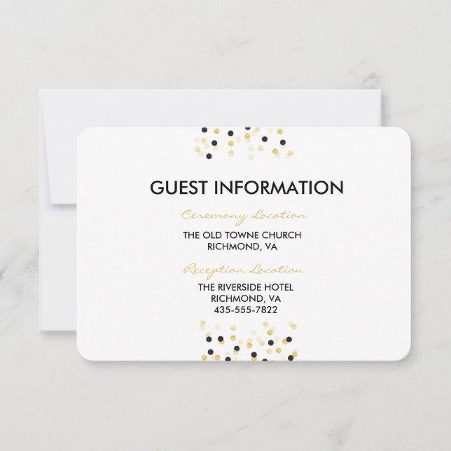 Gold Foil & Black Confetti Dots Wedding Info Card (Front)