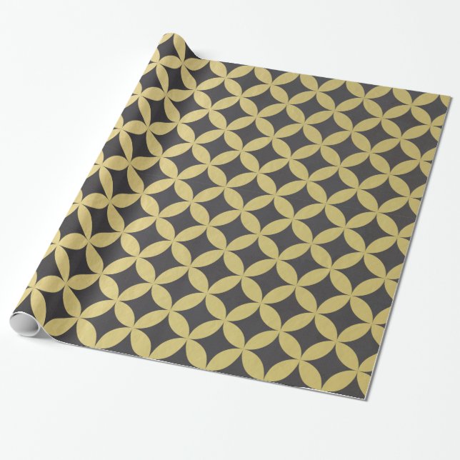 Gold Foil Black Diamond Circle Pattern Wrapping Paper (Unrolled)
