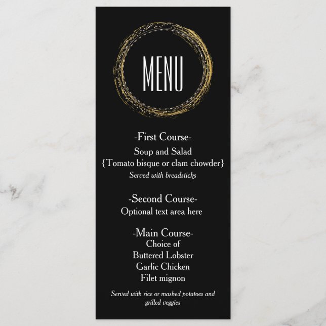 Gold Foil & Black Glamour Circle Chic Menu Card (Front)