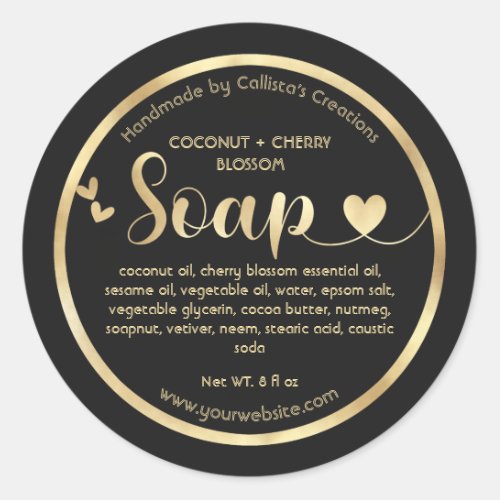 Gold Foil Black Hearts Border Handmade Soap Classic Round Sticker