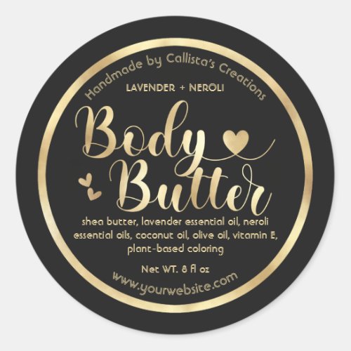 Gold Foil Black Hearts Border Shea Body Butter Classic Round Sticker