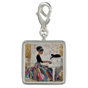 Gold Foil Black Lady Pianist and Cat Charm