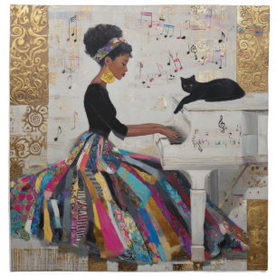 Gold Foil Black Lady Pianist and Cat Cloth Napkin