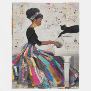 Gold Foil Black Lady Pianist and Cat Fleece Blanket