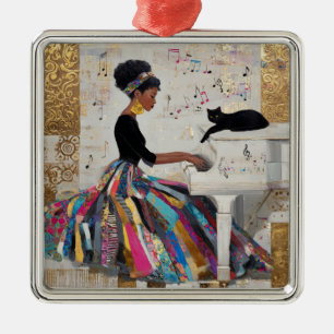 Gold Foil Black Lady Pianist and Cat Metal Ornament