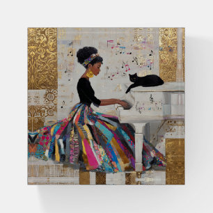 Gold Foil Black Lady Pianist and Cat Paperweight