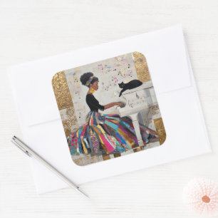 Gold Foil Black Lady Pianist and Cat Square Sticker