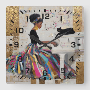 Gold Foil Black Lady Pianist and Cat Square Wall Clock