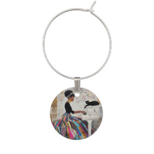 Gold Foil Black Lady Pianist and Cat Wine Charm