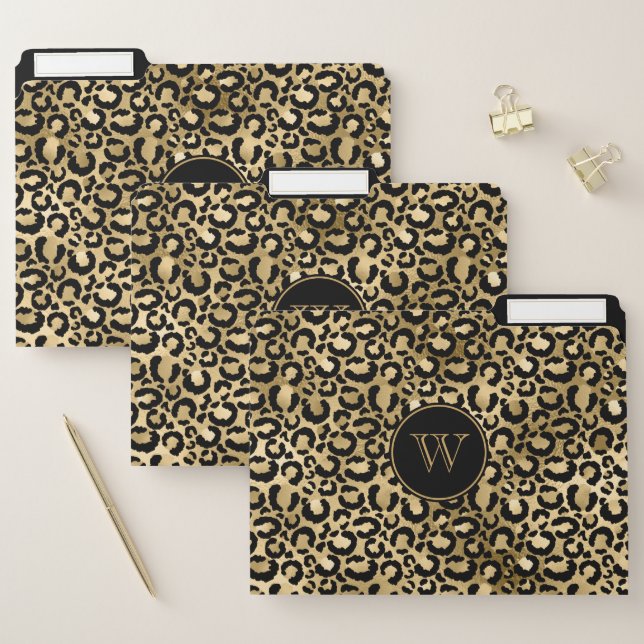Gold Foil Black Leopard Spots Monogram File Folder (Set)