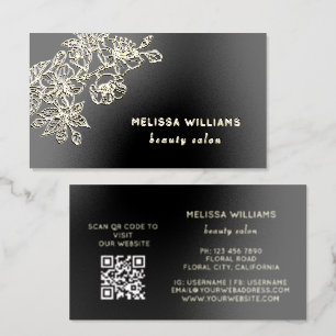 Gold Foil Black Line Art Floral QR Code Spot Gloss Business Cards