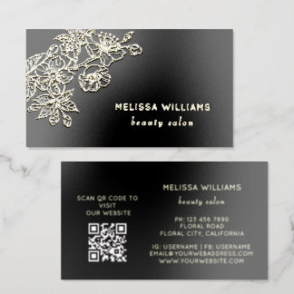 Gold Foil Black Line Art Floral | QR Code Spot Gloss Business Cards